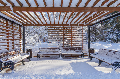 Benches under a wooden arbour in the winter forest