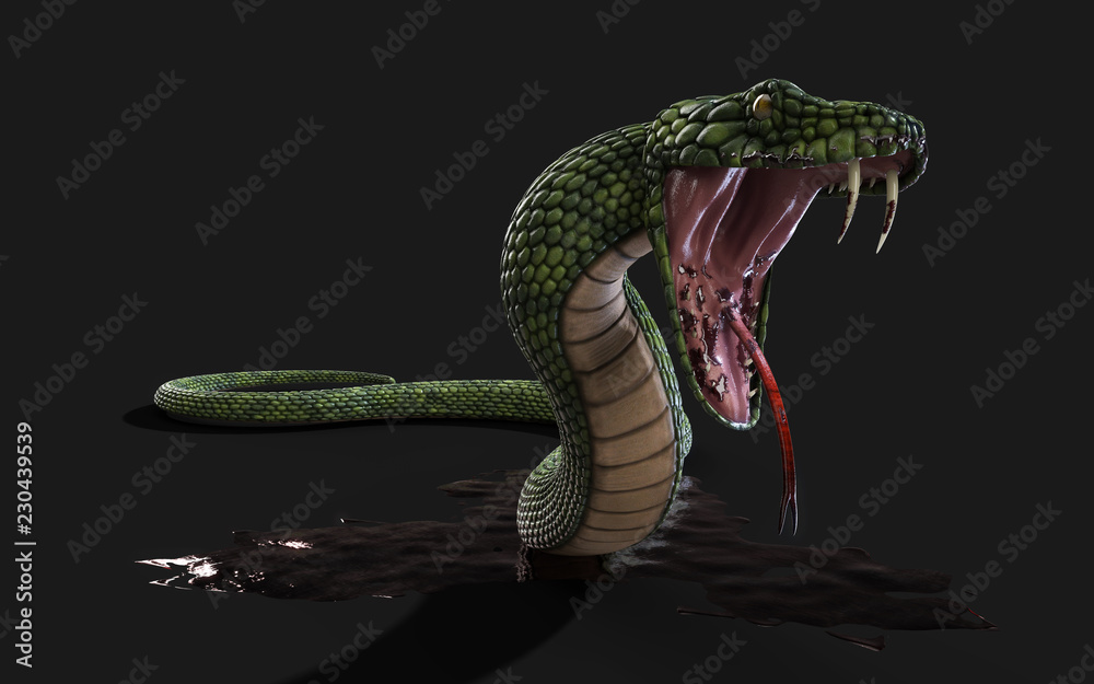 Obraz premium 3d Illustration Green Giant Fantasy Snake na czarnym tle ze ścieżką przycinającą