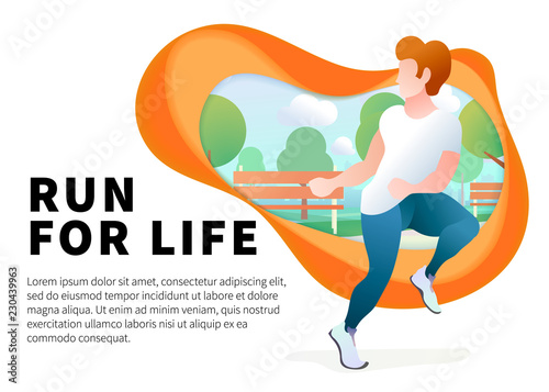 Handsome young guy run on urban park with city skyline on the background, trendy flat concept illustration banner with text place on white