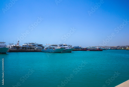 Red Sea, yachts and boats in the port of Egypt. Hurghada and Cairo Asia. Stock photo for design
