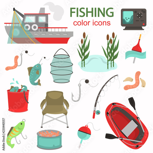 Fishing color vector icons set. Flat design