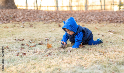 Toddler boy playing outside on an autumn day