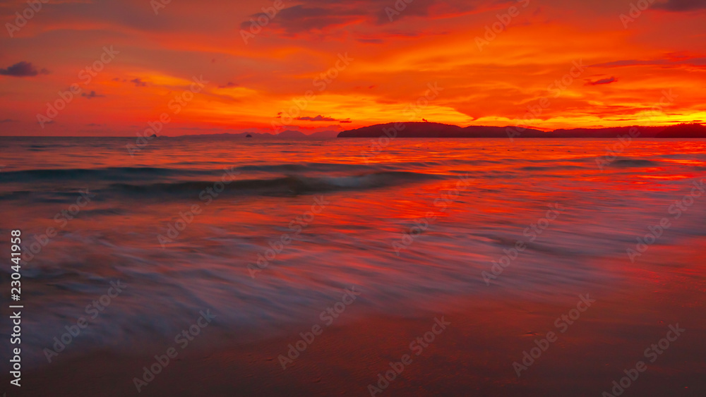 Sunset on the beach at Ao Nang , Krabi , Thailand