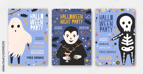 Bundle of Halloween party invitation, flyer or poster templates with cute vampire, skeleton, spooky ghost and place for text. Colored vector illustration in flat cartoon style for holiday celebration.
