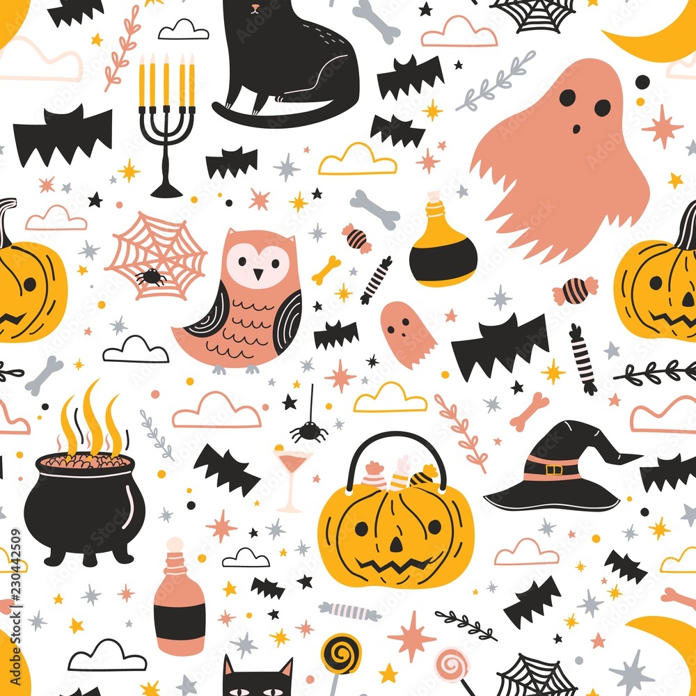 Fototapeta premium Colorful seamless pattern with cute creepy Halloween characters and decorations on white background - ghost, Jack-o'-lantern, candies, magic witch hat and pot with potion. Flat vector illustration.