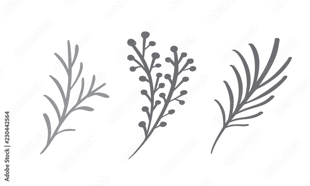 Christmas decorative branch elements design floral leaves in scandinavian style. Vector handdraw illustration for xmas greeting card