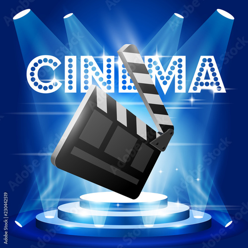 Film premiere poster with clapper board on stage - cinema and movie concept