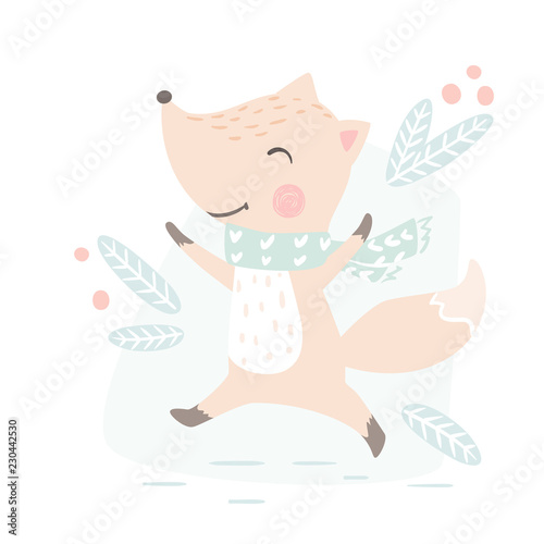 Fox baby winter print. Cute animal run in warm scarf christmas card.