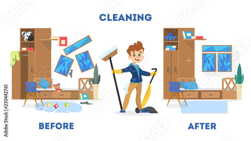 Cleaning the house concept. Before and after view