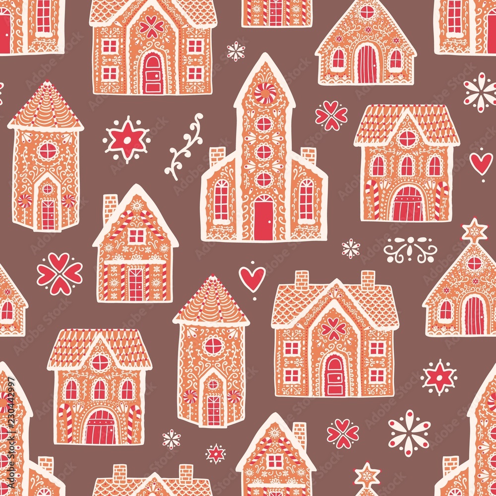 Seamless pattern with sweet delicious gingerbread houses and decorated with sugar icing. Backdrop with tasty dessert products on dark background. Colorful vector illustration in flat cartoon style.