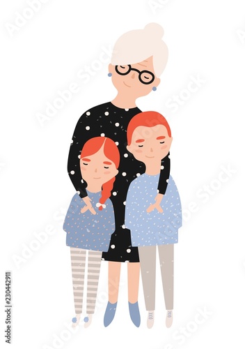 Cute smiling grandmother cuddling her grandson and granddaughter. Portrait of granny and grandchildren. Adorable cartoon characters isolated on white background. Colorful flat vector illustration.