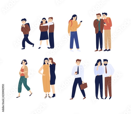 Collection of men and women gossiping, spreading rumors, talking and whispering. Bundle of funny cartoon characters isolated on white background. Bright colored vector illustration in flat style.