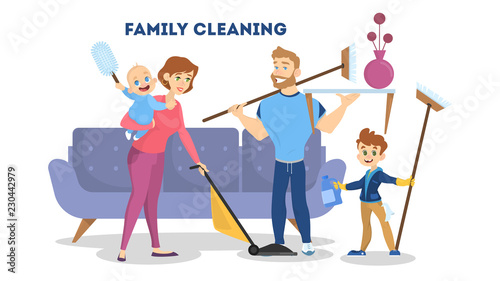 Family cleaning the house together. Mother, father and children