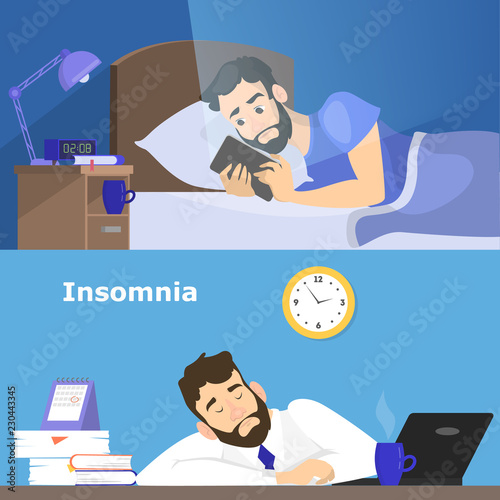 Stressed man suffering from the insomnia set.