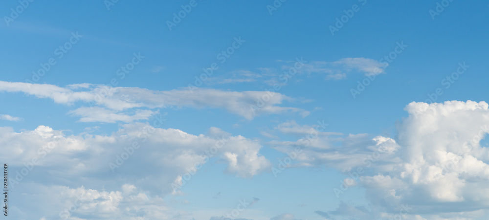 Panorama of clear blue sky with white cloud background. Clearing day and Good weather in the morning.