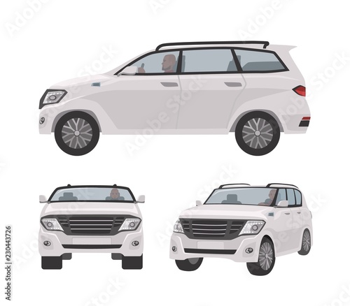 White off-roader  CUV car or automobile isolated on white background. Elegant luxury motor vehicle for off-road travel. Front and side views. Colored vector illustration in flat cartoon style.