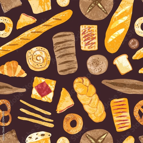 Elegant seamless pattern with delicious breads, baked desserts or sweet pastry, dough products on black background. Colored hand drawn vector illustration for fabric print, wallpaper, wrapping paper.