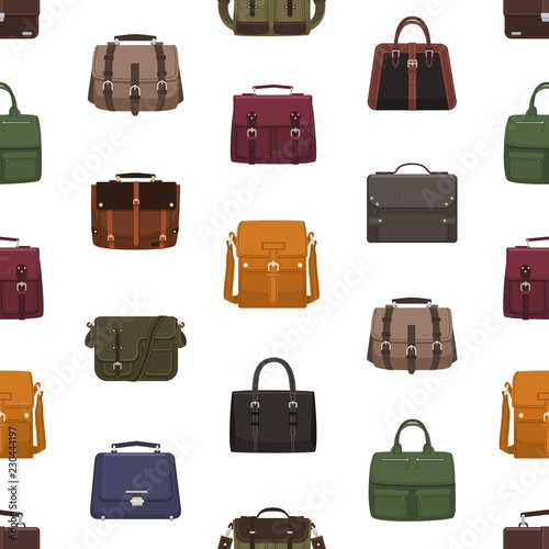 Seamless pattern with trendy men's bags or handbags of different styles on wh...