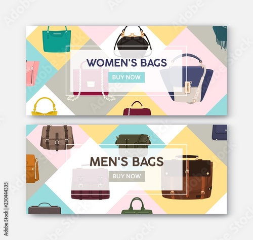 Bundle of horizontal web banner templates with men's and women's bags and han...