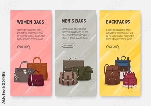 Collection of colorful vertical web banner templates with men's and women's handbags, backpacks and place for text. Modern vector illustration for bag shop or boutique promotion, advertisement.