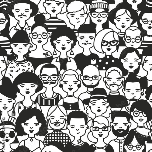 Monochrome seamless pattern with faces or heads of people