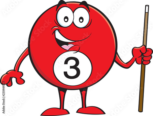 Cartoon illustration of a happy billiard ball holding a pool cue.