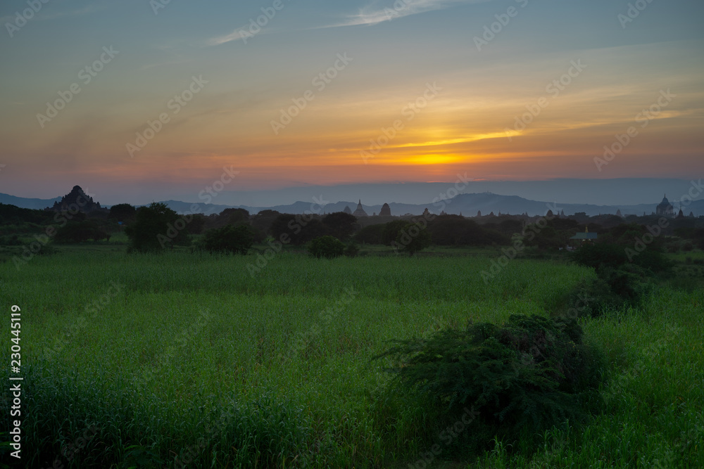 Sunset landscape with pagodas