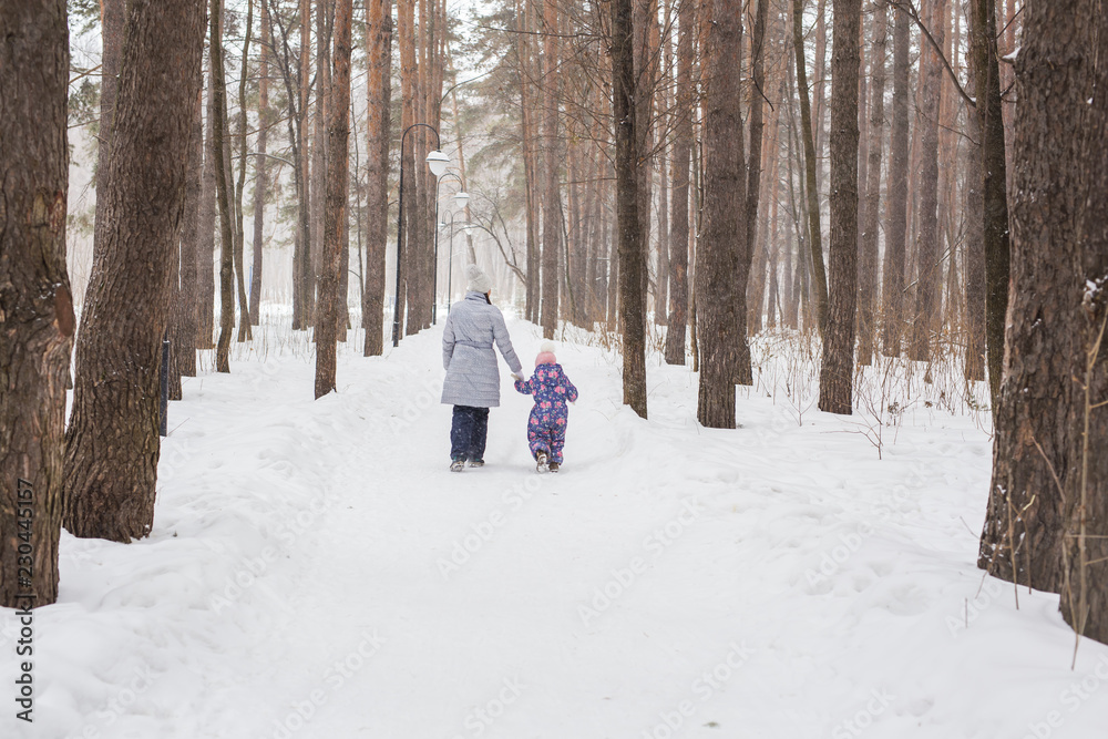 Winter, people concept- mother is walking with her daughter in winter forest, back view