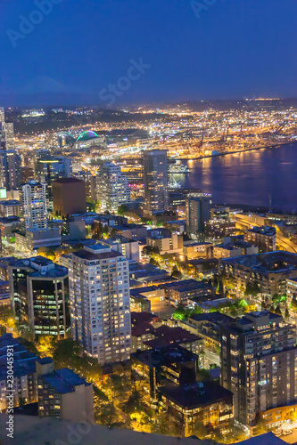 Beautiful panoramic view of Seattle Cityscape ,View of downtown Seattle and Mount rainier at night in Seattle Washington, USA