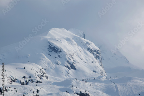 Paysage en hiver à la montagne, campagne, avec la neige blanche qui recouvre la nature et des arbres sauf les sapins. Soleil qui perce entre les nuages au-dessus des vallées enneigées des Alpes