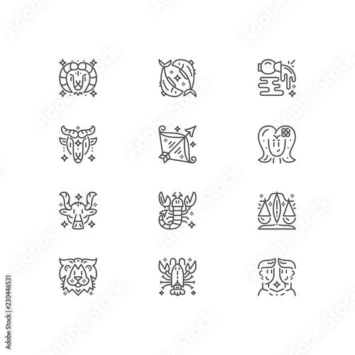 Simple set of astrology icons. Premium magic symbol collection. All zodiac vector illustrations. Line horoscope sign pack.