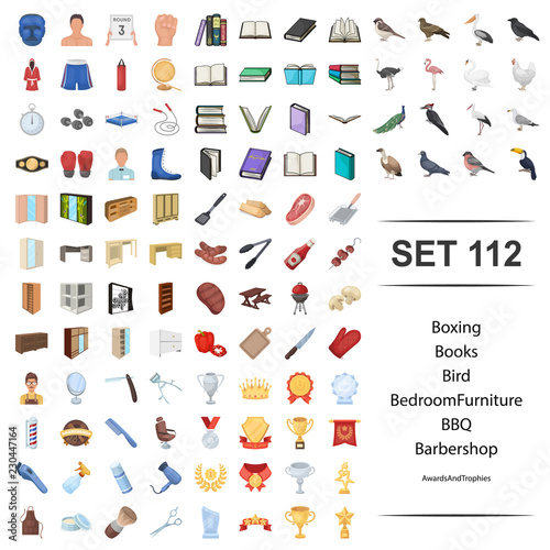 Vector illustration of boxing, book, bird, bedroom, furniture, bbq barbershop award trophy icon set.