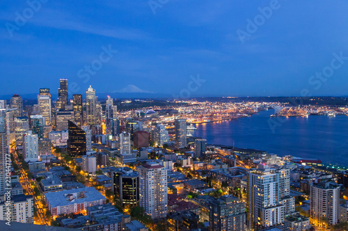 Beautiful panoramic view of Seattle Cityscape  View of downtown Seattle and Mount rainier at night in Seattle Washington  USA