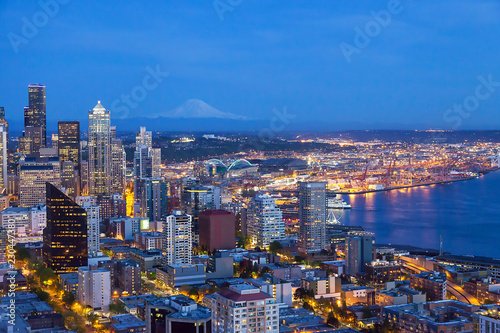 Beautiful panoramic view of Seattle Cityscape ,View of downtown Seattle and Mount rainier at night in Seattle Washington, USA