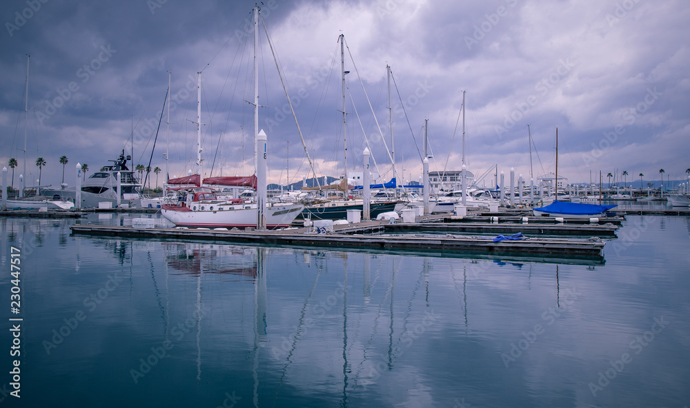 Yacht club after rain with mirror water reflect at Wakayama marina city, Kansai, Japan