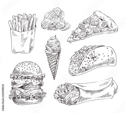Fast food set hand drawn vector monochrome sketch