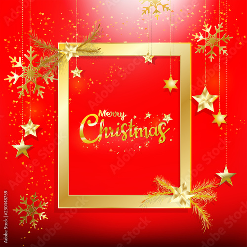 Red Christmas background with gold glitter confetti decoration with golden frame with copy space.