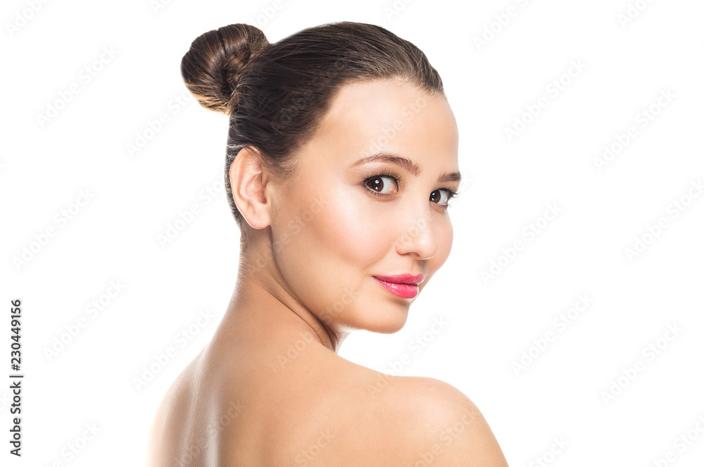 Beautiful brunette Spa woman looking at camera on white isolated background with copy space Beautiful brunette Spa woman looking at camera on white isolated background with copy space