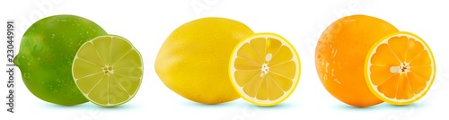 Vector set of citrus fruit lime, orange and lemon. Isolated sliced citrus on white background. Citrus halves