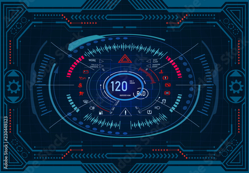 Car service. Futuristic dashboard design on a graphic monitor in frame. Speedometer, tachometer. GUI HUD Illustration