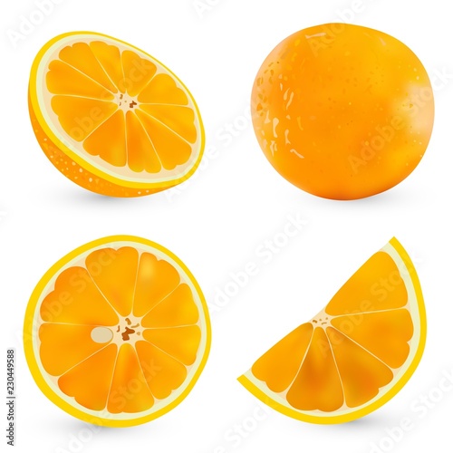 Vector set realistic whole orange and half orange isolated on white background.