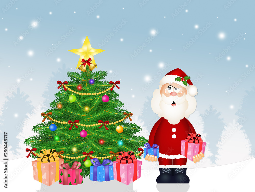Santa Claus and gifts on Christmas tree