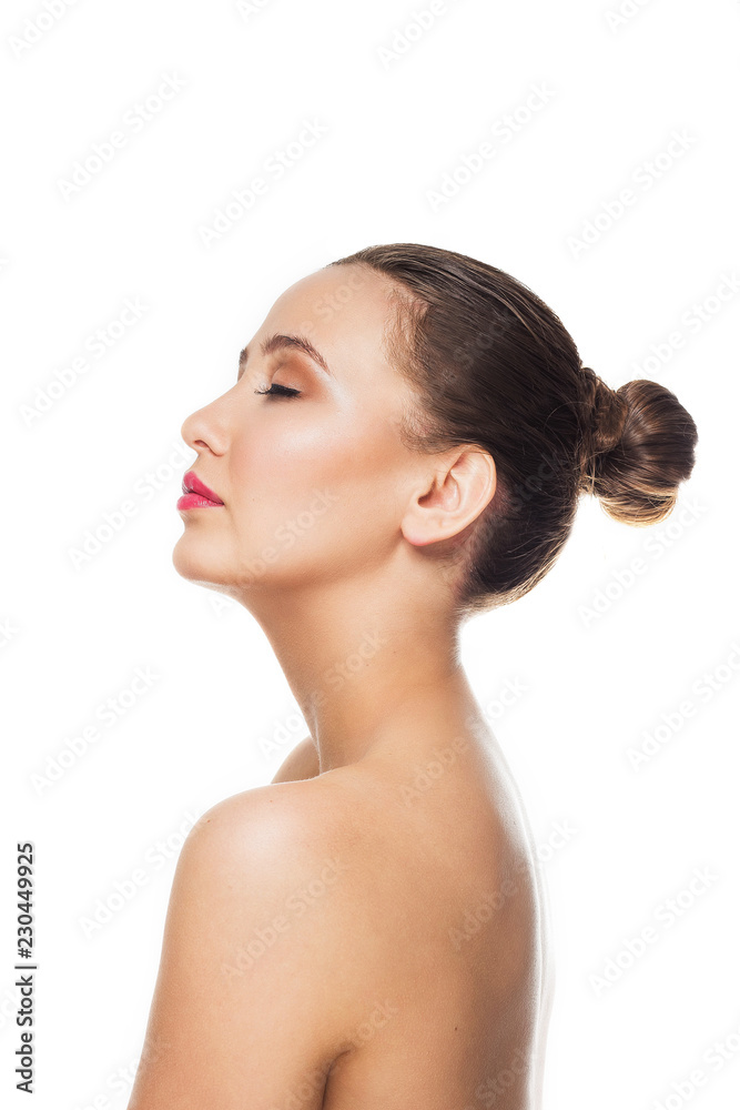 beautiful brunette girl with collected hair back with a gentle makeup, eyes closed, lips parted worth profile naked open shoulders white background isolate copyspace beautiful brunette girl with collected hair back with a gentle makeup, eyes closed, lips parted worth profile naked open shoulders white background isolate copyspace
