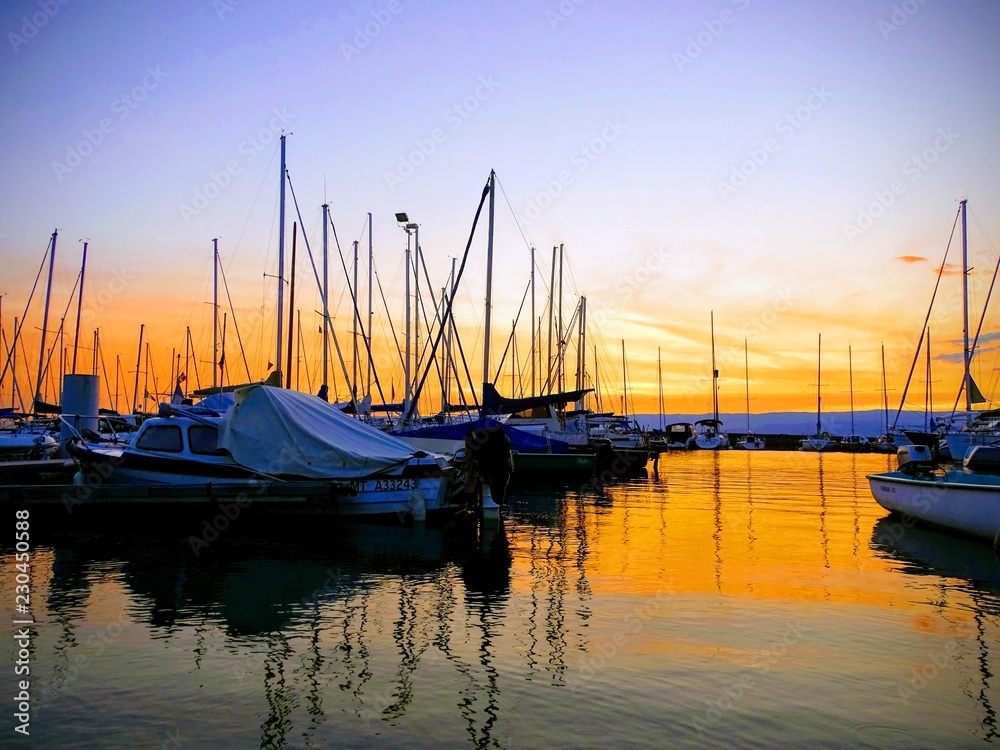 Port of Thonon-Les-Bains at sunset