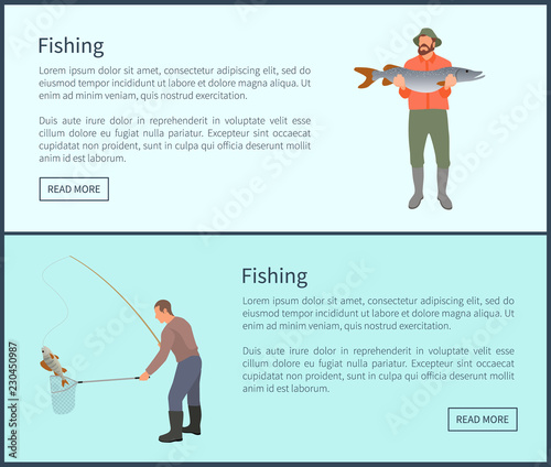 Fishing Men Showing Fish Set Vector Illustration