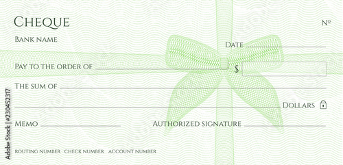 Check, Cheque (Chequebook template). Guilloche pattern with green bow (ribbon) watermark. Background hi detailed for banknote, money design,currency, bank note, Voucher, Gift certificate, Money coupon