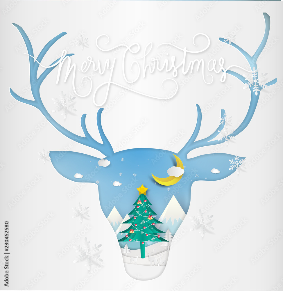 Fototapeta premium Paper art style of Merry christmas and New Year. Illustration of deer and antler winter landscape and Christmas Tree. greeting card concept.