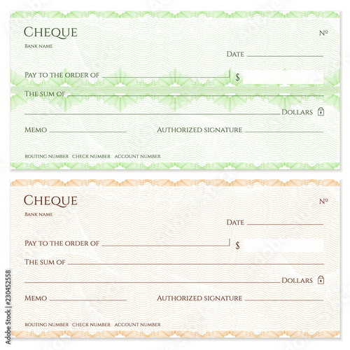 Check, Cheque (Chequebook template). Guilloche pattern with green abstract floral watermark, border. Background for banknote, money design,currency, bank note, Voucher, Gift certificate, Money coupon