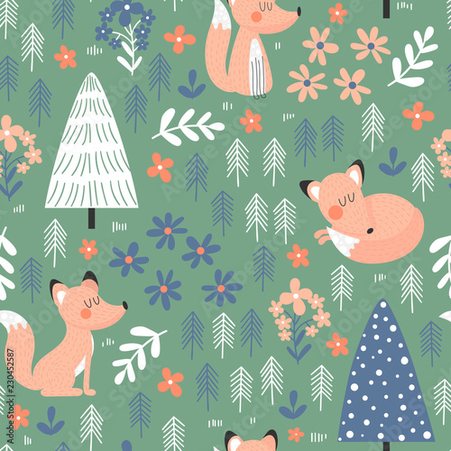 Seamless pattern with funny foxes