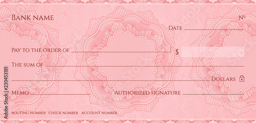 Check, Cheque (Chequebook template). Guilloche pattern with abstract floral watermark, border. Red background for banknote, money design,currency, bank note, Voucher, Gift certificate, Money coupon